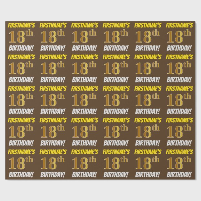 Papel De Regalo Brown, Faux/Imitation Gold, "18th BIRTHDAY" (Superficie plana)
