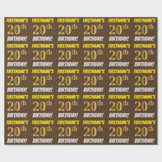 Papel De Regalo Brown, Faux/Imitation Gold, "20th BIRTHDAY" (Superficie plana)