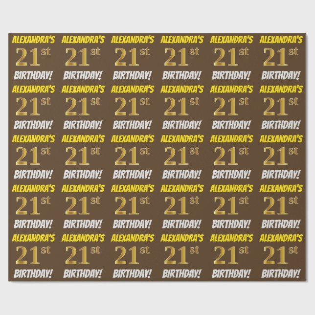 Papel De Regalo Brown, Faux/Imitation Gold, "21st BIRTHDAY" (Superficie plana)