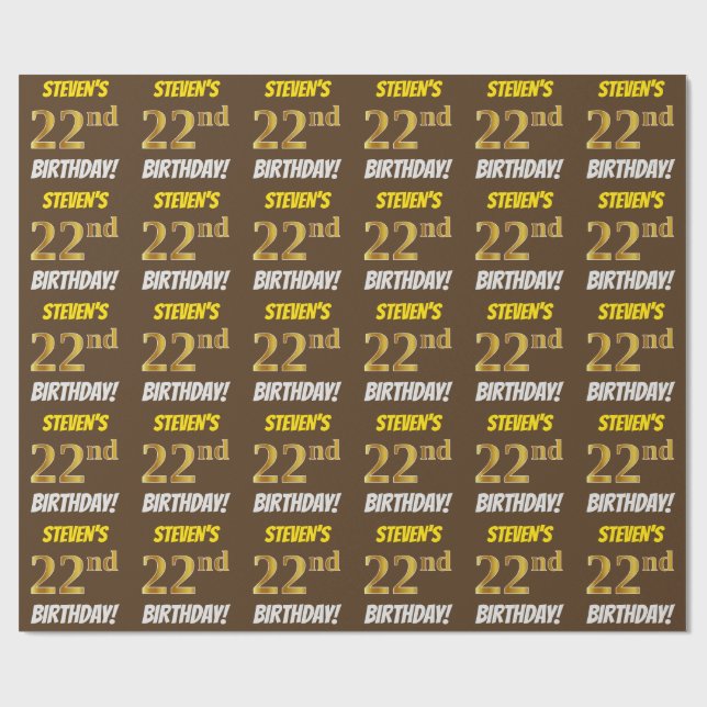Papel De Regalo Brown, Faux/Imitation Gold, "22nd BIRTHDAY" (Superficie plana)
