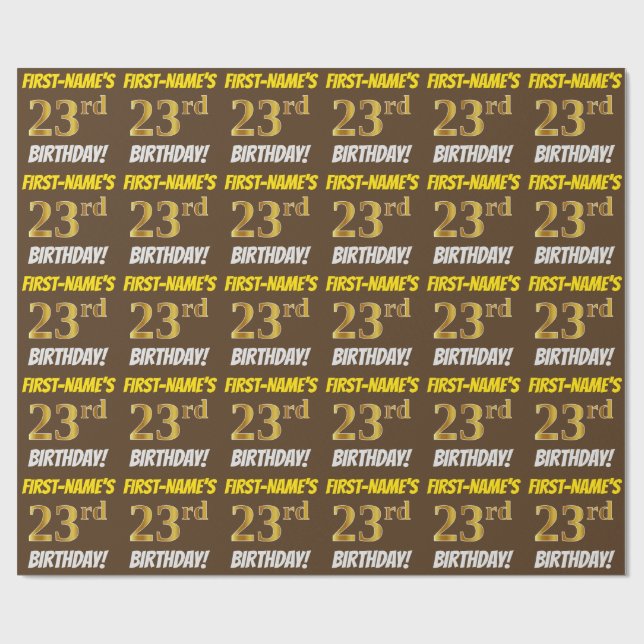 Papel De Regalo Brown, Faux/Imitation Gold, "23rd BIRTHDAY" (Superficie plana)