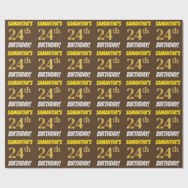 Papel De Regalo Brown, Faux/Imitation Gold, "24th BIRTHDAY" (Superficie plana)