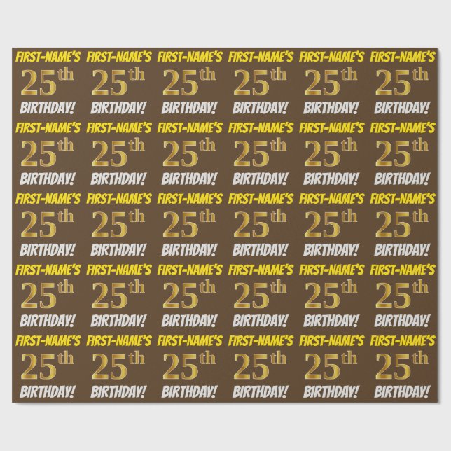 Papel De Regalo Brown, Faux/Imitation Gold, "25th BIRTHDAY" (Superficie plana)