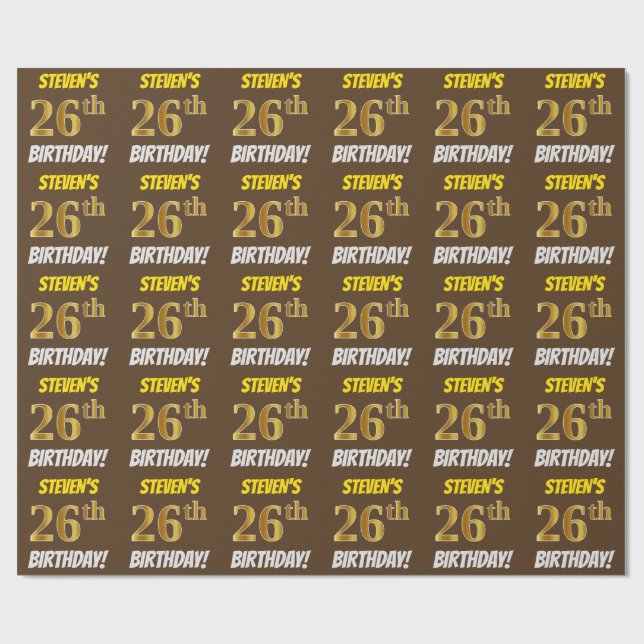Papel De Regalo Brown, Faux/Imitation Gold, "26th BIRTHDAY" (Superficie plana)