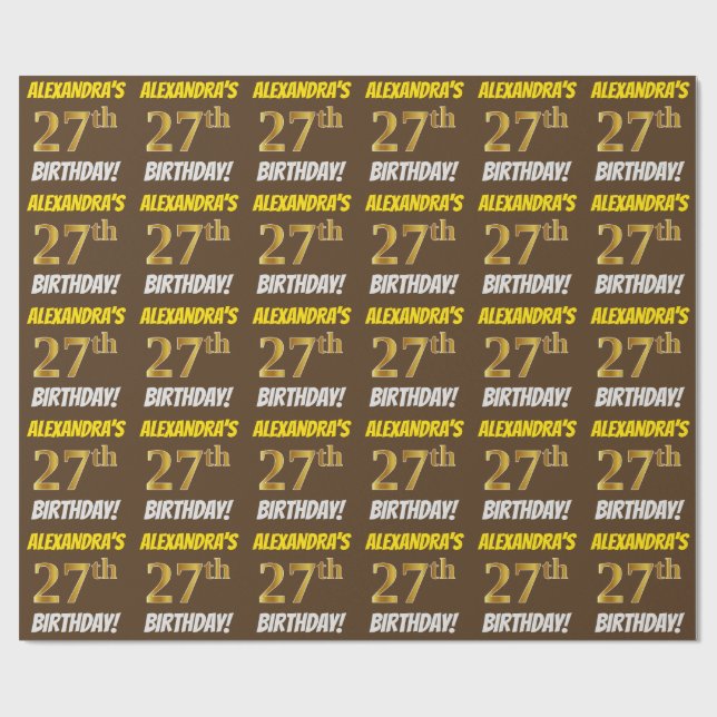Papel De Regalo Brown, Faux/Imitation Gold, "27th BIRTHDAY" (Superficie plana)