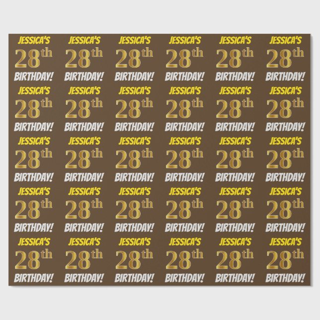 Papel De Regalo Brown, Faux/Imitation Gold, "28th BIRTHDAY" (Superficie plana)