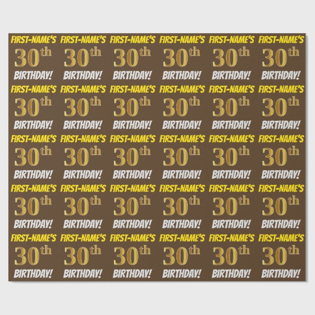 Papel De Regalo Brown, Faux/Imitation Gold, "30th BIRTHDAY" (Superficie plana)