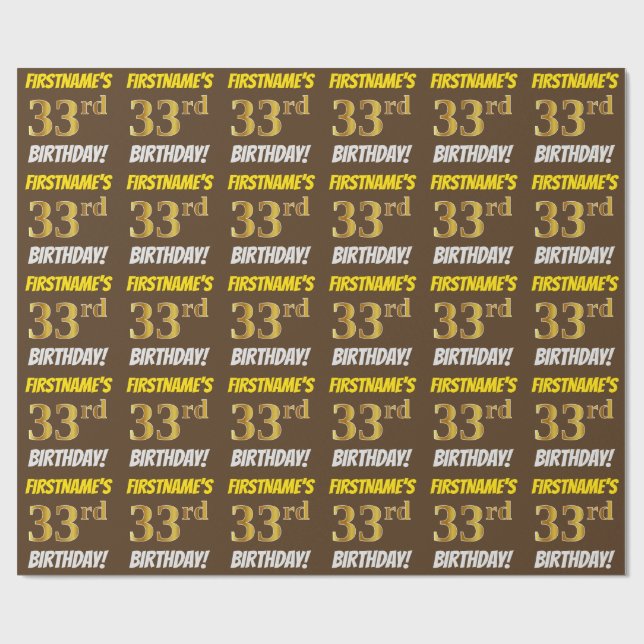 Papel De Regalo Brown, Faux/Imitation Gold, "33rd BIRTHDAY" (Superficie plana)