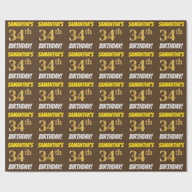Papel De Regalo Brown, Faux/Imitation Gold, "34th BIRTHDAY" (Superficie plana)