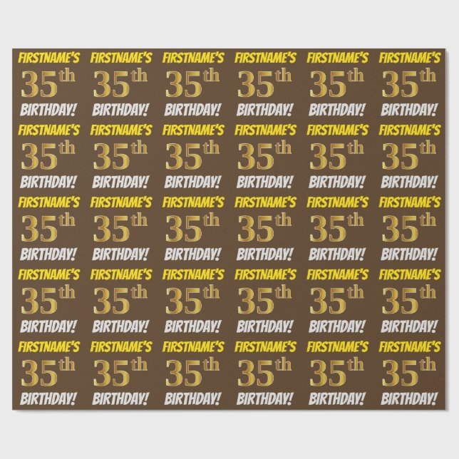 Papel De Regalo Brown, Faux/Imitation Gold, "35th BIRTHDAY" (Superficie plana)