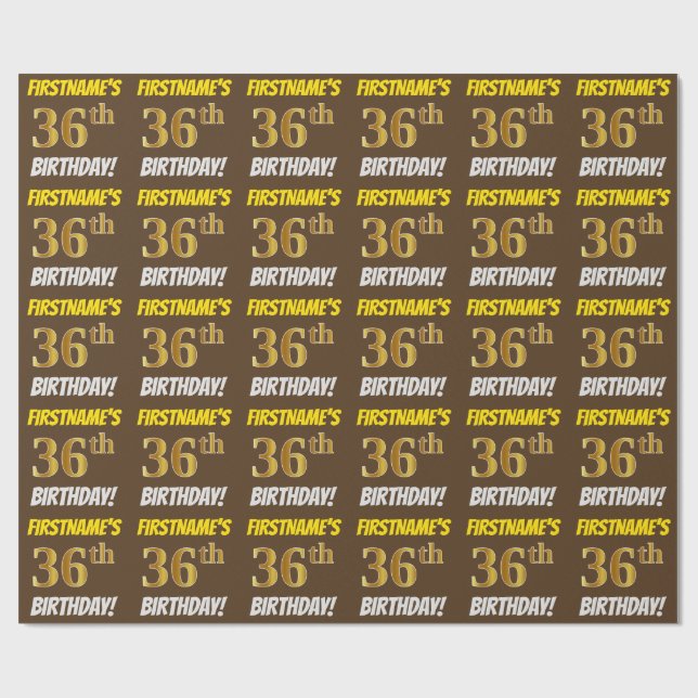 Papel De Regalo Brown, Faux/Imitation Gold, "36th BIRTHDAY" (Superficie plana)