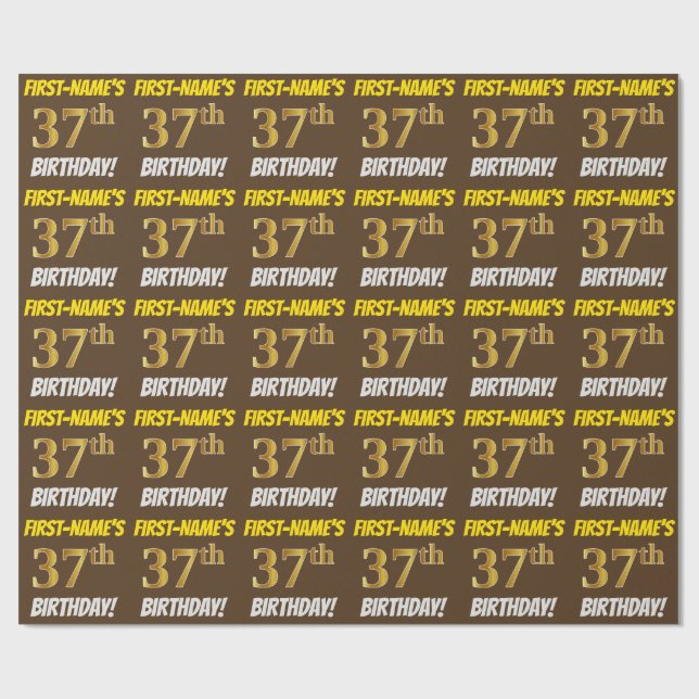 Papel De Regalo Brown, Faux/Imitation Gold, "37th BIRTHDAY" (Superficie plana)