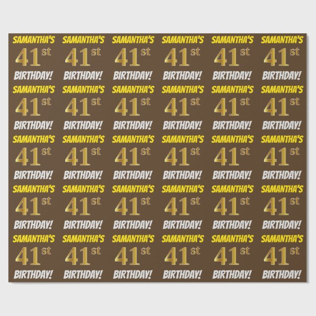 Papel De Regalo Brown, Faux/Imitation Gold, "41st BIRTHDAY" (Superficie plana)