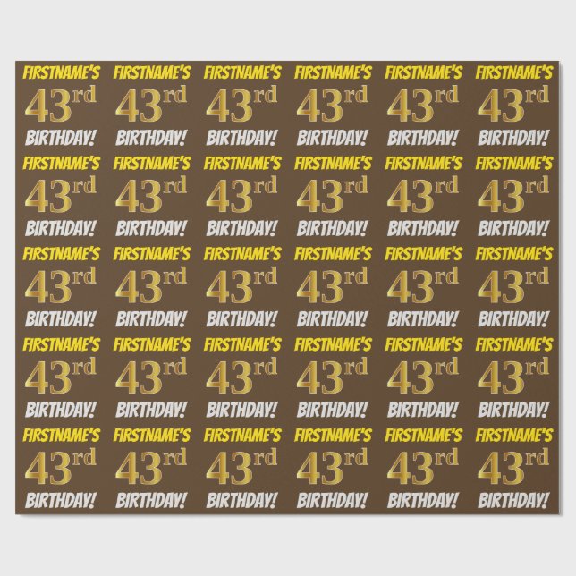 Papel De Regalo Brown, Faux/Imitation Gold, "43rd BIRTHDAY" (Superficie plana)