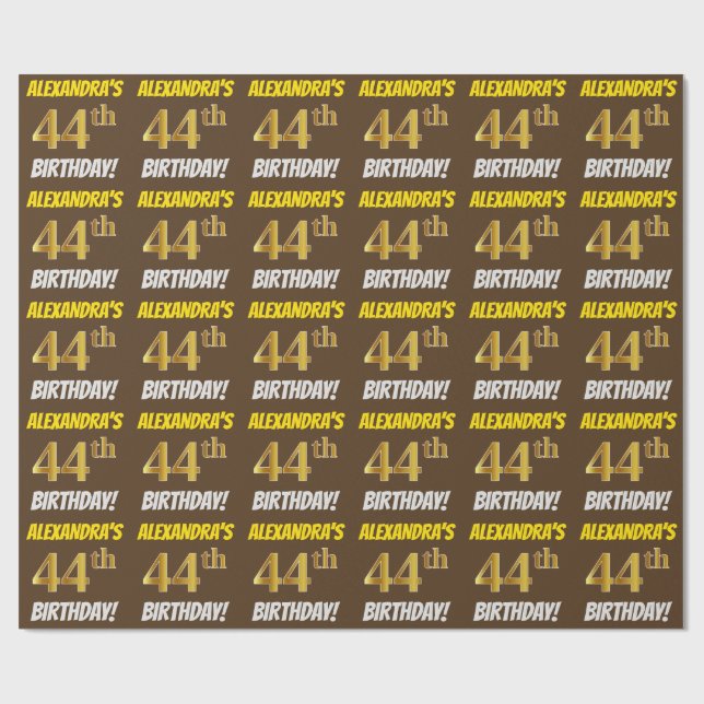 Papel De Regalo Brown, Faux/Imitation Gold, "44th BIRTHDAY" (Superficie plana)