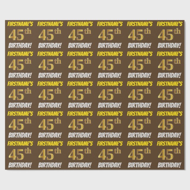 Papel De Regalo Brown, Faux/Imitation Gold, "45th BIRTHDAY" (Superficie plana)