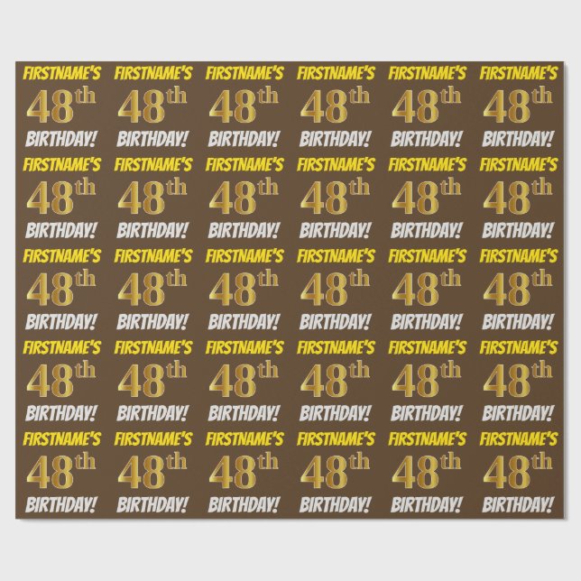 Papel De Regalo Brown, Faux/Imitation Gold, "48th BIRTHDAY" (Superficie plana)