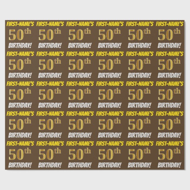 Papel De Regalo Brown, Faux/Imitation Gold, "50th BIRTHDAY" (Superficie plana)