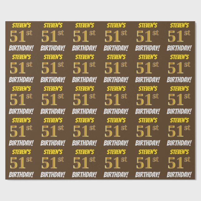Papel De Regalo Brown, Faux/Imitation Gold, "51st BIRTHDAY" (Superficie plana)