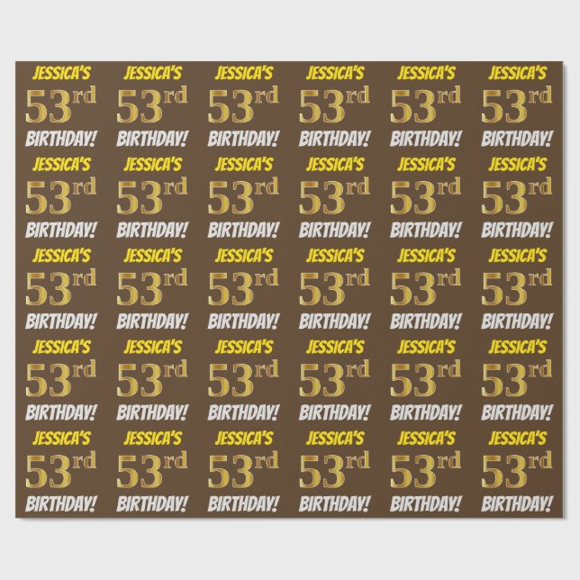 Papel De Regalo Brown, Faux/Imitation Gold, "53rd BIRTHDAY" (Superficie plana)
