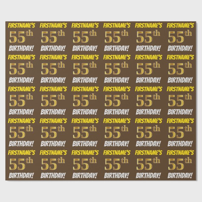 Papel De Regalo Brown, Faux/Imitation Gold, "55th BIRTHDAY" (Superficie plana)