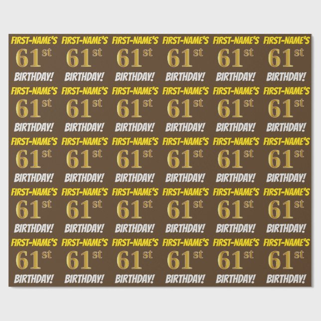 Papel De Regalo Brown, Faux/Imitation Gold, "61st BIRTHDAY" (Superficie plana)