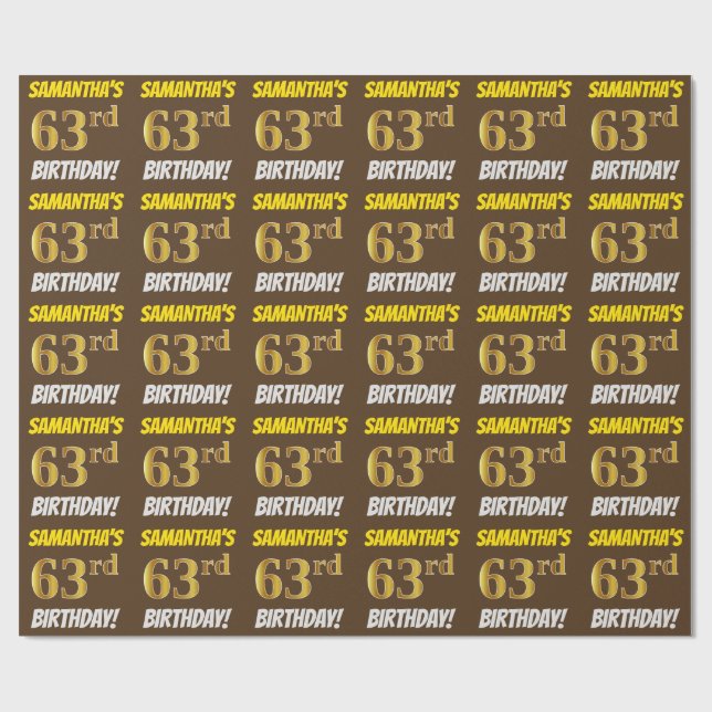 Papel De Regalo Brown, Faux/Imitation Gold, "63rd BIRTHDAY" (Superficie plana)
