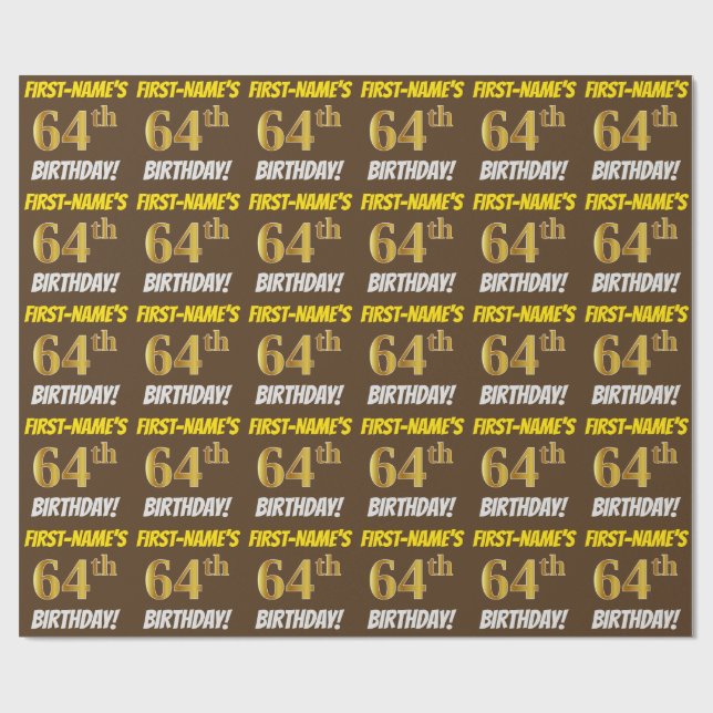 Papel De Regalo Brown, Faux/Imitation Gold, "64th BIRTHDAY" (Superficie plana)