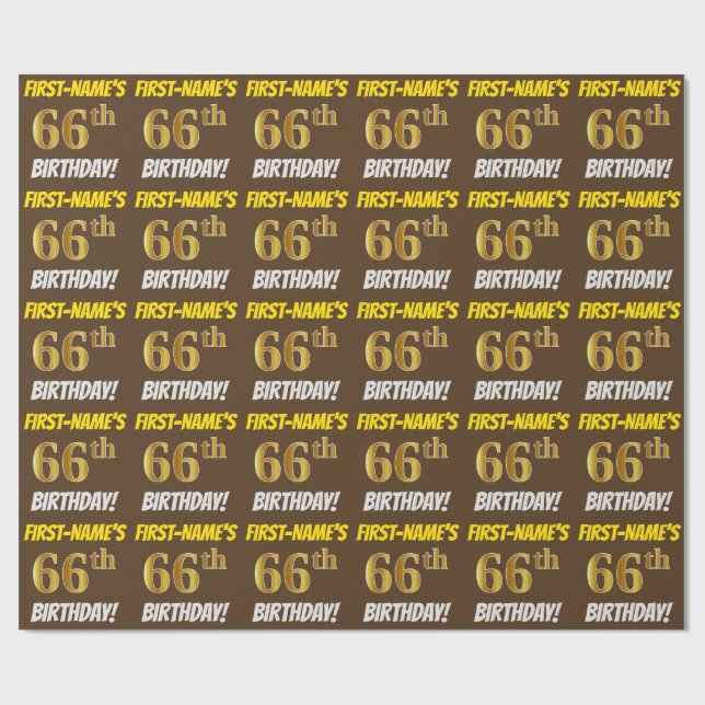 Papel De Regalo Brown, Faux/Imitation Gold, "66th BIRTHDAY" (Superficie plana)