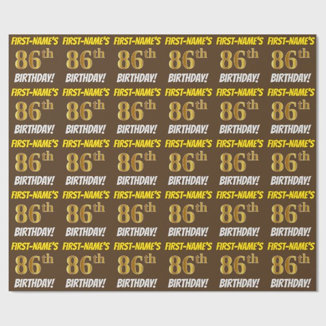 Papel De Regalo Brown, Faux/Imitation Gold, "86th BIRTHDAY" (Superficie plana)