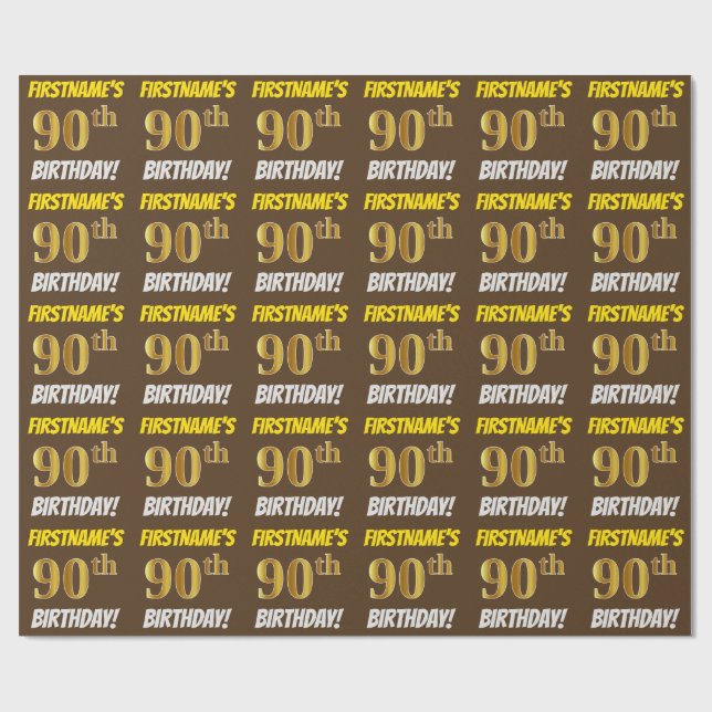 Papel De Regalo Brown, Faux/Imitation Gold, "90th BIRTHDAY" (Superficie plana)