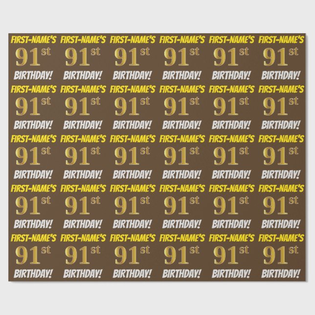 Papel De Regalo Brown, Faux/Imitation Gold, "91st BIRTHDAY" (Superficie plana)