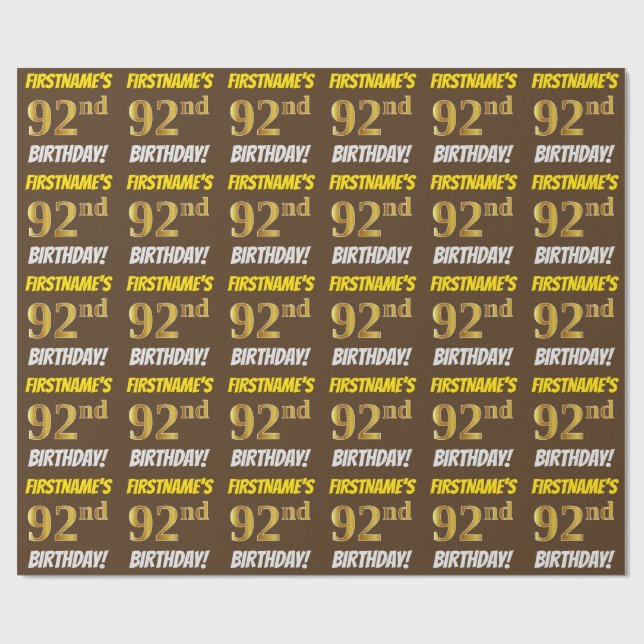 Papel De Regalo Brown, Faux/Imitation Gold, "92nd BIRTHDAY" (Superficie plana)