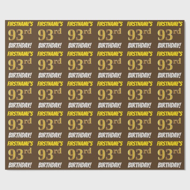 Papel De Regalo Brown, Faux/Imitation Gold, "93rd BIRTHDAY" (Superficie plana)
