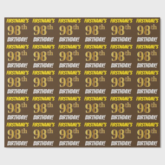 Papel De Regalo Brown, Faux/Imitation Gold, "98th BIRTHDAY" (Superficie plana)