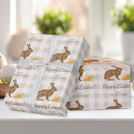 Papel De Regalo Brown Hare And Carrots Happy Easter Beige Gingham