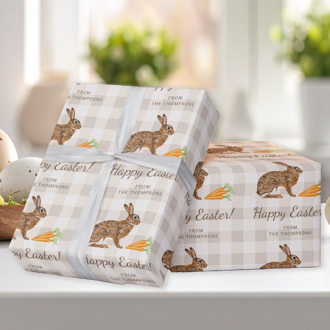 Papel De Regalo Brown Hare And Carrots Happy Easter Beige Gingham (Subido por el creador)
