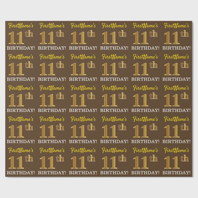 Papel De Regalo Brown, Imitation Gold Look "11th BIRTHDAY" (Superficie plana)