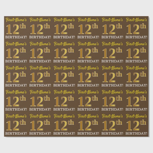 Papel De Regalo Brown, Imitation Gold Look "12th BIRTHDAY" (Superficie plana)