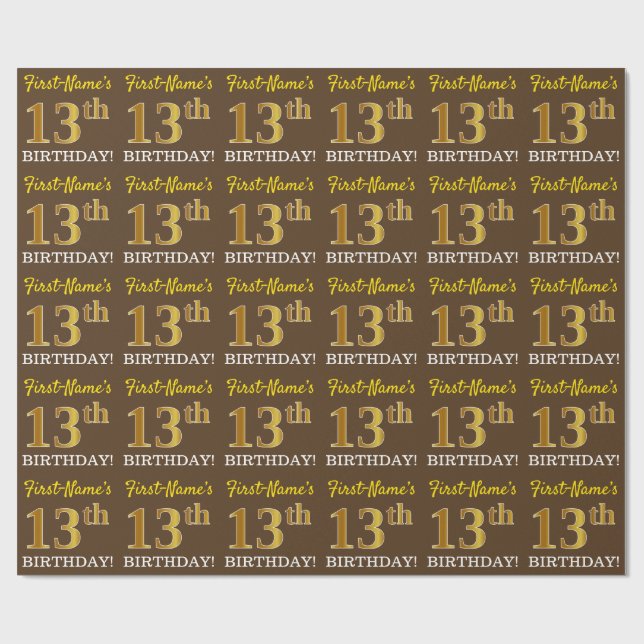 Papel De Regalo Brown, Imitation Gold Look "13th BIRTHDAY" (Superficie plana)