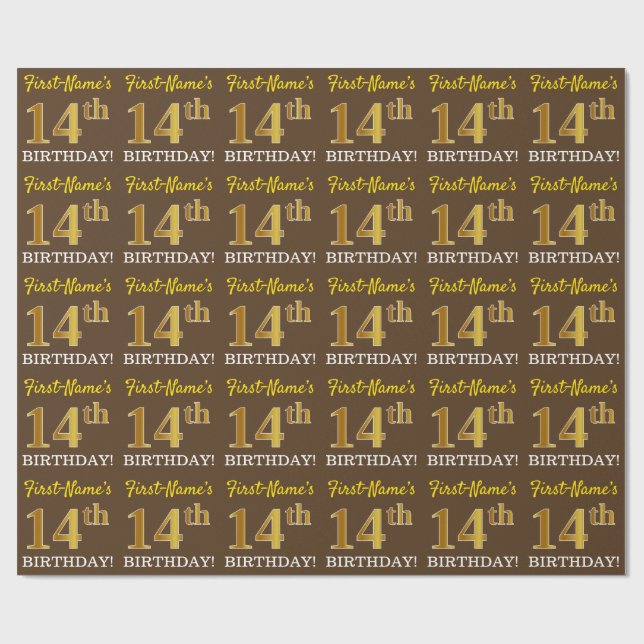Papel De Regalo Brown, Imitation Gold Look "14th BIRTHDAY" (Superficie plana)