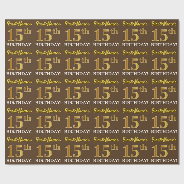 Papel De Regalo Brown, Imitation Gold Look "15th BIRTHDAY" (Superficie plana)