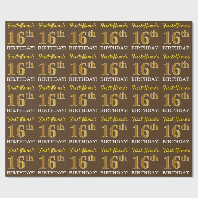 Papel De Regalo Brown, Imitation Gold Look "16th BIRTHDAY" (Superficie plana)