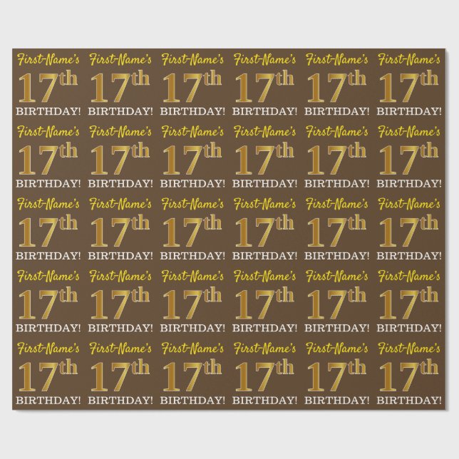 Papel De Regalo Brown, Imitation Gold Look "17th BIRTHDAY" (Superficie plana)
