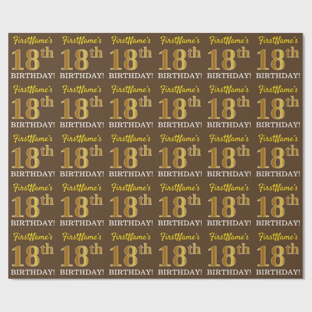 Papel De Regalo Brown, Imitation Gold Look "18th BIRTHDAY" (Superficie plana)