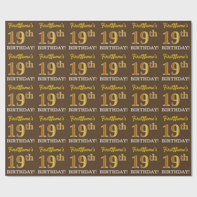Papel De Regalo Brown, Imitation Gold Look "19th BIRTHDAY" (Superficie plana)