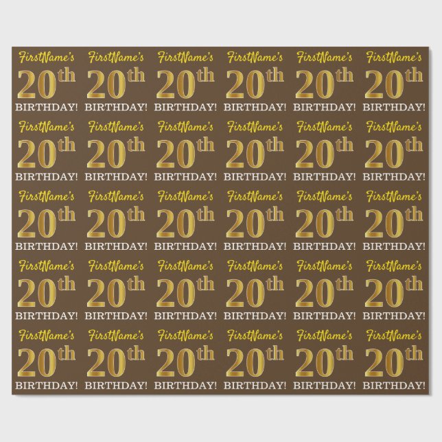 Papel De Regalo Brown, Imitation Gold Look "20th BIRTHDAY" (Superficie plana)