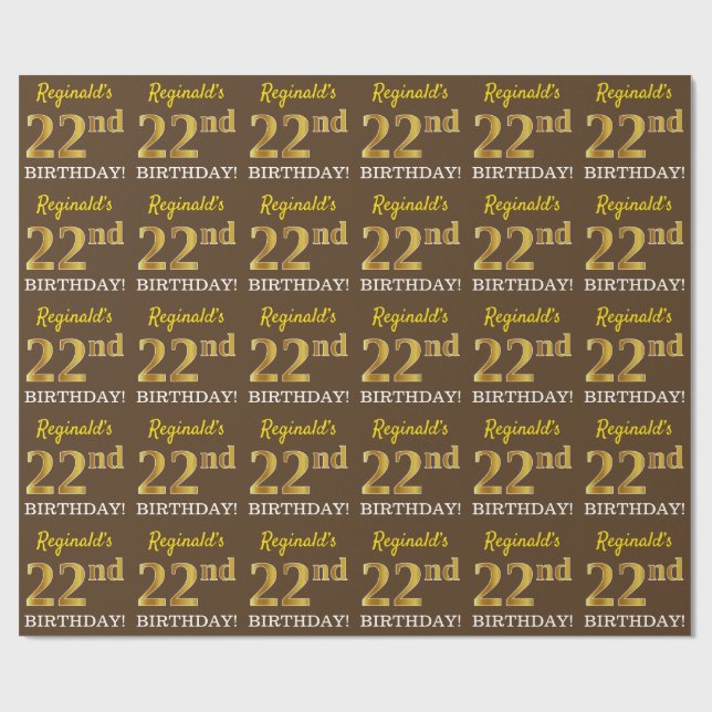 Papel De Regalo Brown, Imitation Gold Look "22nd BIRTHDAY" (Superficie plana)