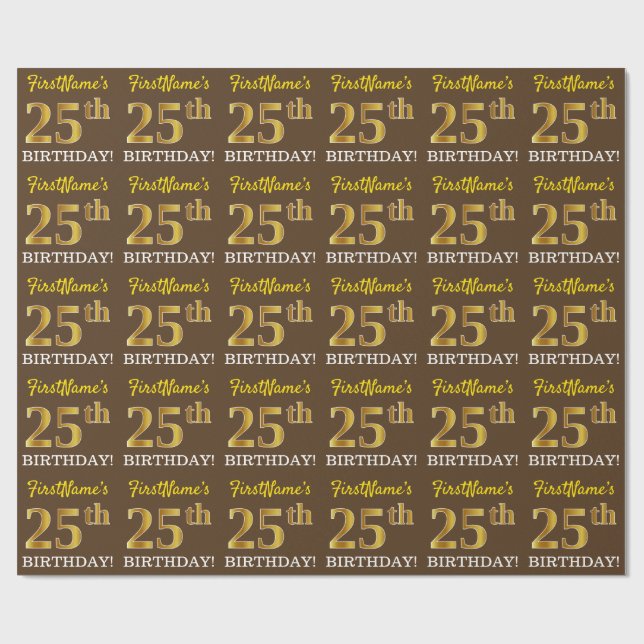 Papel De Regalo Brown, Imitation Gold Look "25th BIRTHDAY" (Superficie plana)