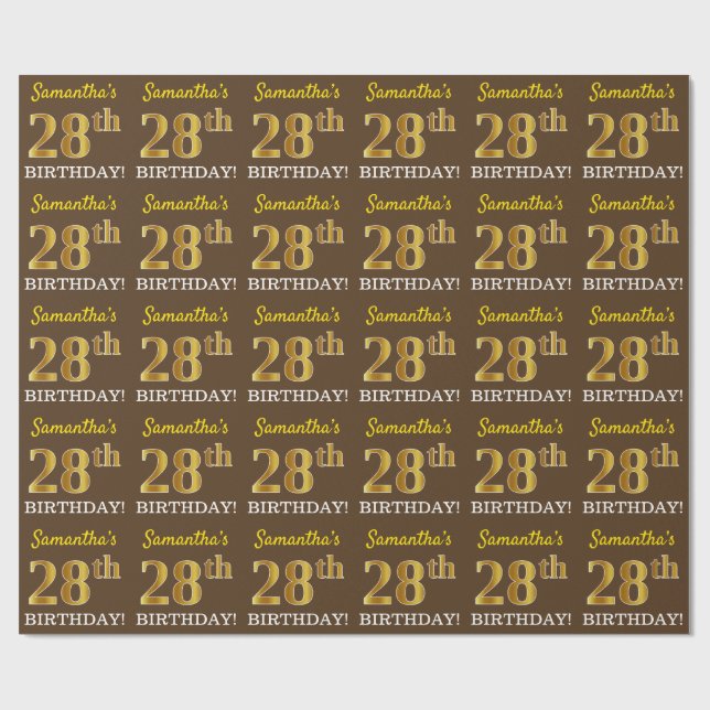Papel De Regalo Brown, Imitation Gold Look "28th BIRTHDAY" (Superficie plana)